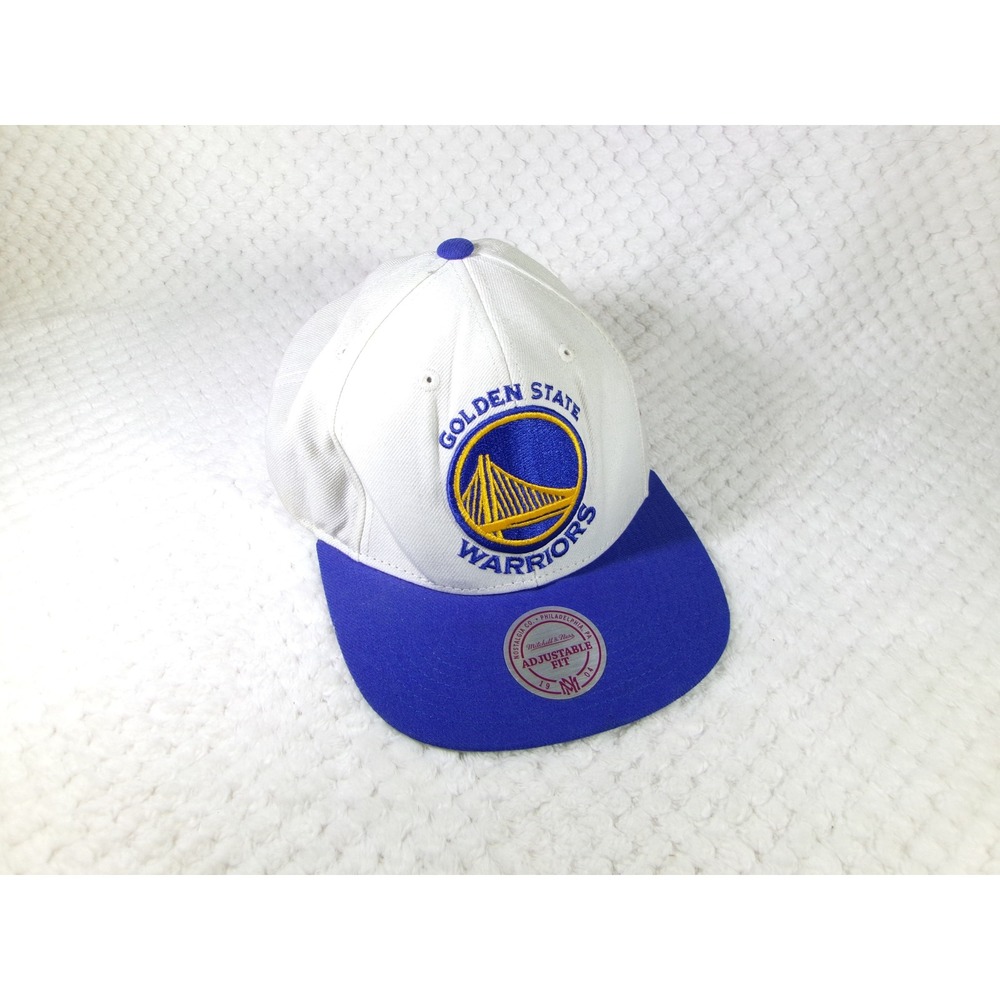 Mitchell & Ness Mens OSFA Snapback Hat White Blue Golden‎ State Warriors NBA Cap